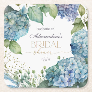 Personalise Bridal Shower Blue Hydrangeas Welcome Square Paper Coaster