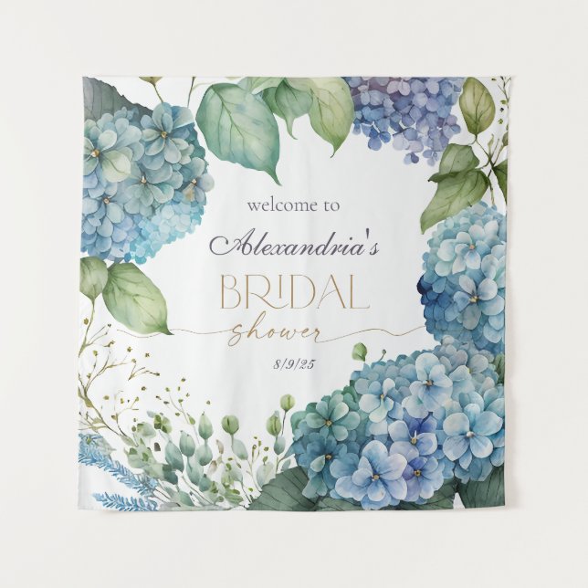 Personalise Bridal Shower Blue Hydrangeas Welcome Tapestry (Front)