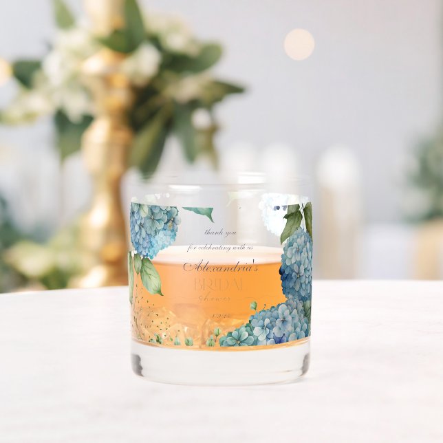 Personalise Bridal Shower Blue Hydrangeas Whiskey Glass (Insitu (Wedding))