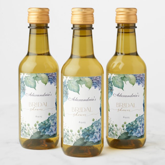 Personalise Bridal Shower Blue Hydrangeas Wine Label (Bottles)