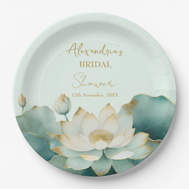 Personalise Bridal Shower Lotus gold Paper Plate (Front)