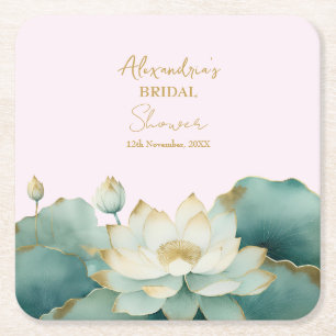 Personalise Bridal Shower Lotus gold pink Square Paper Coaster