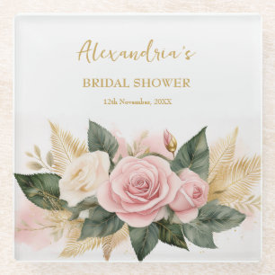 Personalise Bridal Shower Rose Bouquet Glass Coaster
