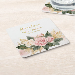 Personalise Bridal Shower Rose Bouquet Square Paper Coaster