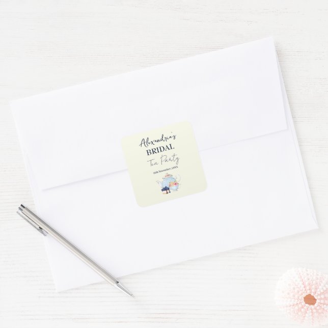 Personalise Bridal Shower Tea Party Square Sticker (Envelope)