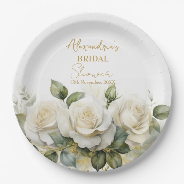 Personalise Bridal Shower White Roses Paper Plate (Front)