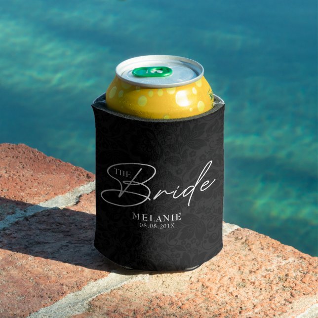 Personalise Bride White Typography Black Damasks  Can Cooler (In Situ Pool)