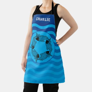 Personalise Bright Blue Waves & Circle of Fish Apron