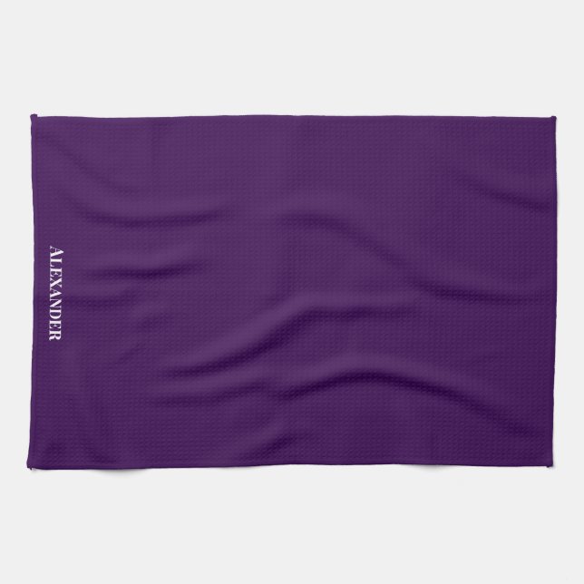 Personalise Bright Grape Purple Plain Solid White Tea Towel (Horizontal)