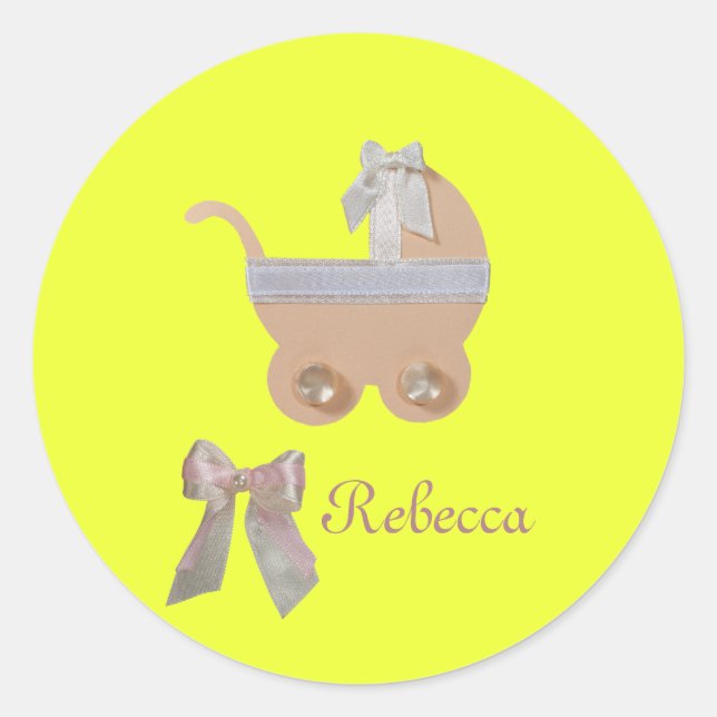 Personalise Bright peach colour baby carriage Classic Round Sticker (Front)