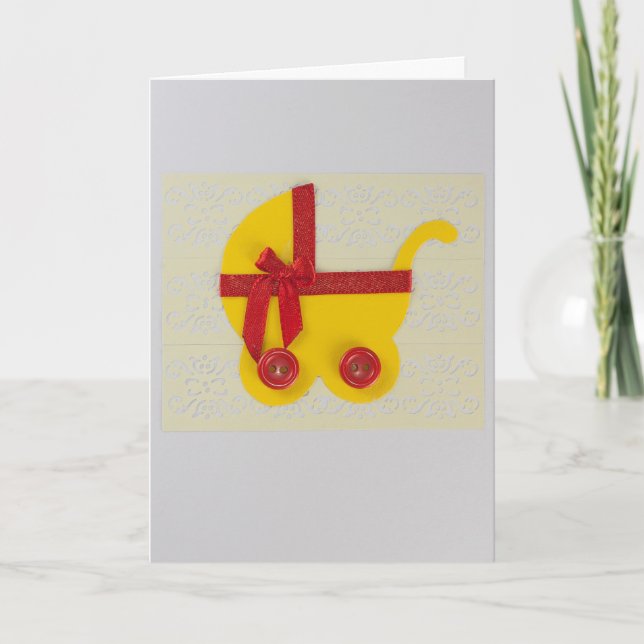 Personalise bright Yellow and red baby stroller Card (Front)