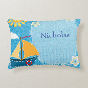 Personalise Bright Yellow Sun Blue Sail Boat Decorative Cushion