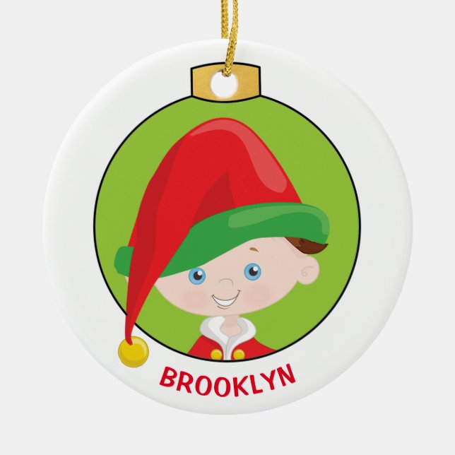 Personalise Brunette Boy Elf Ceramic Ornament (Front)