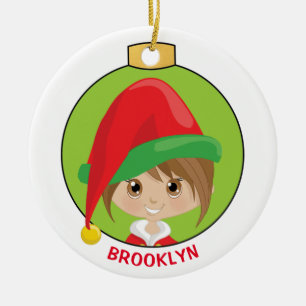 Personalise Brunette Girl Elf Ceramic Ornament
