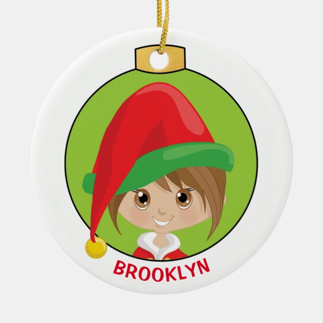 Personalise Brunette Girl Elf Ceramic Ornament (Front)