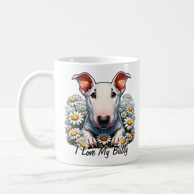 Personalise Bull Terrier in Daisies Coffee Mug (Left)