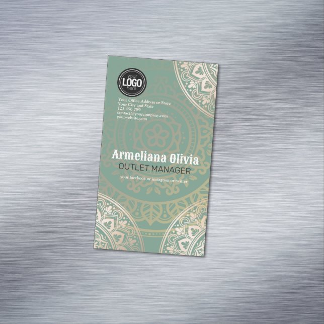 Personalise Business Logo | Elegant Green Yoga Magnetic Business Card (In Situ)