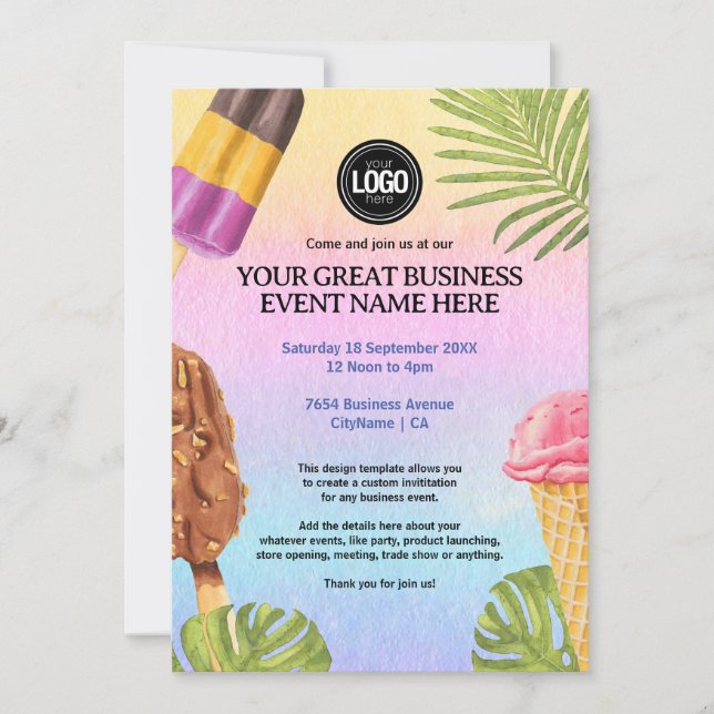 Personalise Business Logo watercolor ice cream Invitation (Front)