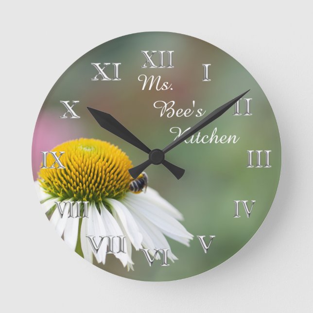 (Personalise)Busy Bee Flower Silver Roman Numerals Round Clock (Front)