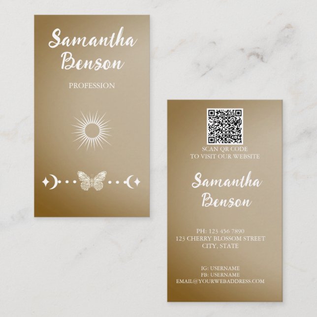 Personalise Butterfly Moon Sun Beige QR Code  Business Card (Front/Back)