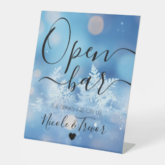 Personalise: Calligraphy Blue Snowflakes Open Bar Pedestal Sign