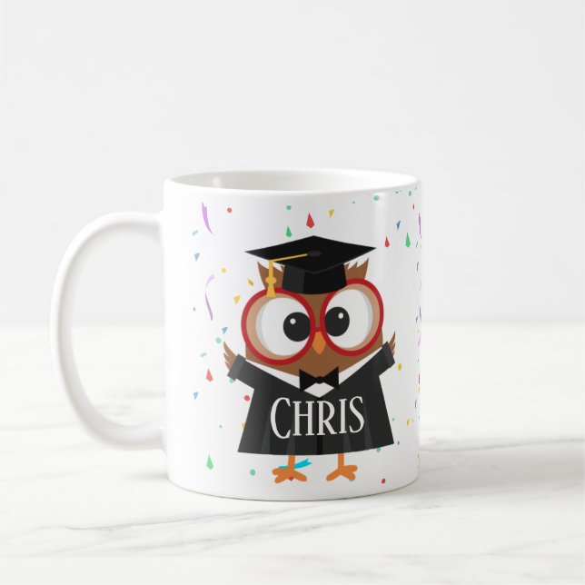 Personalise cap and gown owl graduation mug (Left)