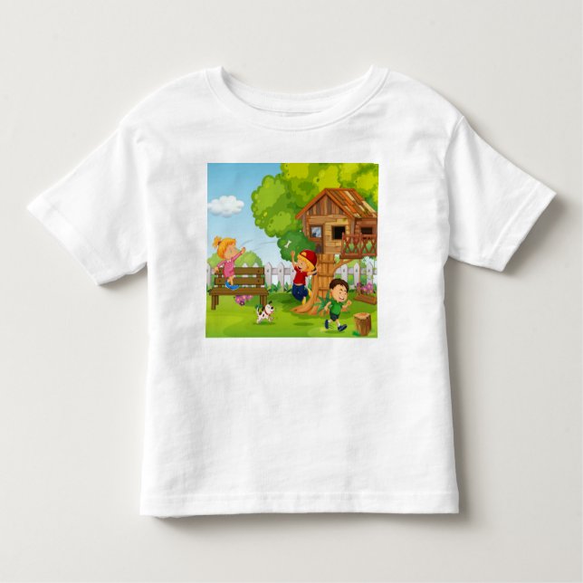 Personalise Cartoon Backyard Play Puppy Children Toddler T-Shirt (Front)