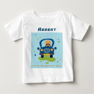 Personalise Cat in Cute Blue Car Baby T-Shirt