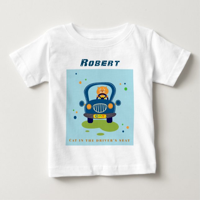 Personalise Cat in Cute Blue Car Baby T-Shirt (Front)