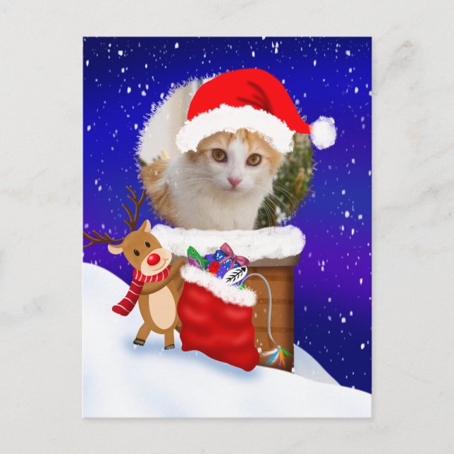 Personalise Cat Santa Rooftop Reindeer With Gifts  Postcard (Front)