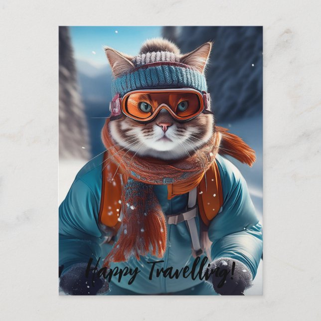 Personalise Cat skiing the snowy slopes Postcard (Front)