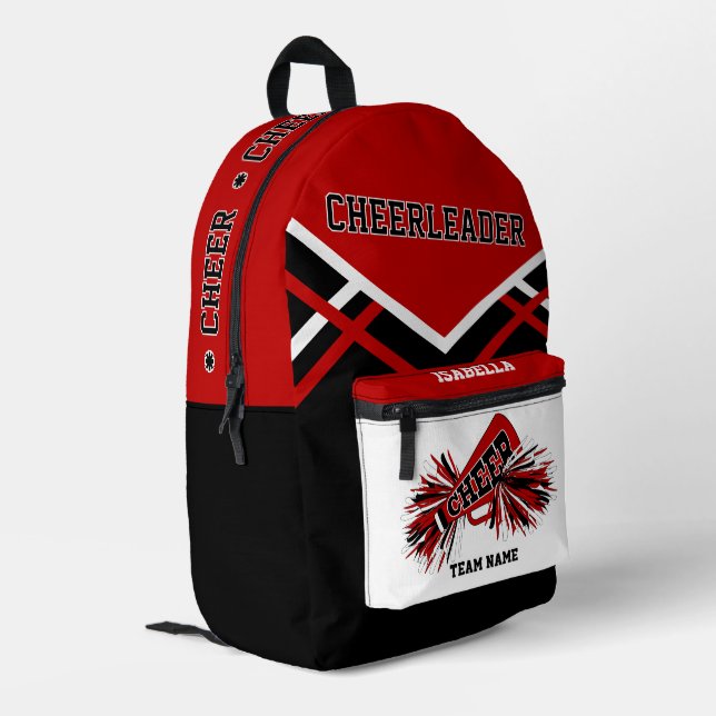 Personalise Cheerleader | Red, White, Black Printed Backpack (Back Corner Left)