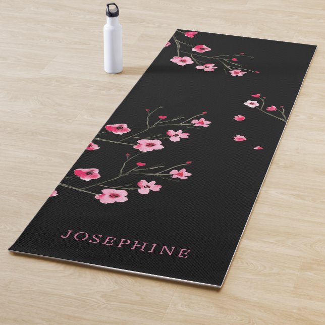 Personalise Cherry Blossom Sakura watercolor black Yoga Mat (In Situ)