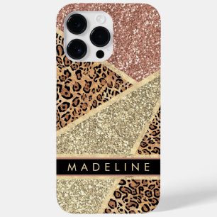 Personalise Chic Striped Rose Gold Glitter Leopard Case-Mate iPhone 14 Pro Max Case