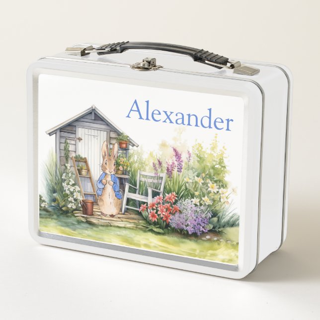 Personalise Child Name Peter the Rabbit garden Metal Lunch Box (Front)