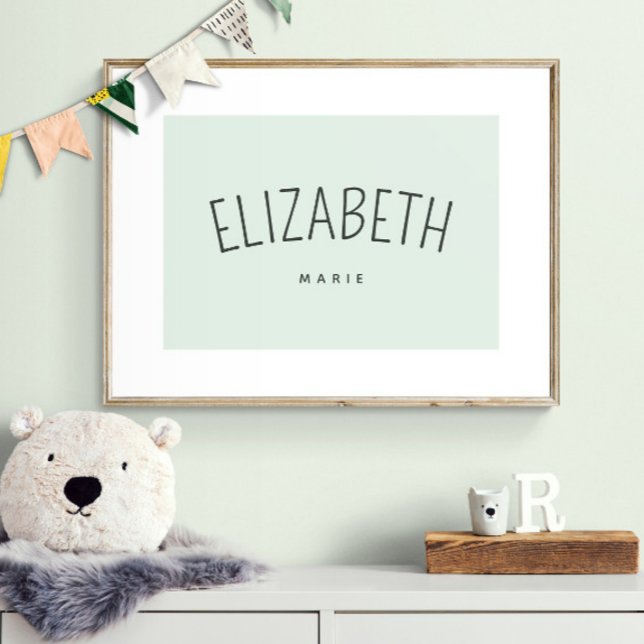 Personalise Child Name Playroom Decor Soft Green (Shown framed. Print is designed with a white border which gives the illusion of a mat.)