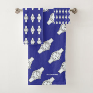 Personalise Child's Name Watch The Time Blue Bath Towel Set