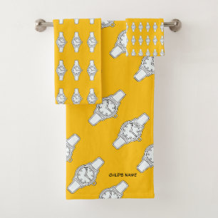 Personalise Child's Name Watch The Time Yellow Bath Towel Set