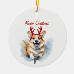 Personalise Christmas Corgi with Reindeer antlers Ceramic Ornament