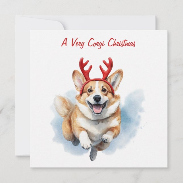Personalise Christmas Corgi with Reindeer antlers  Holiday Card (Front)