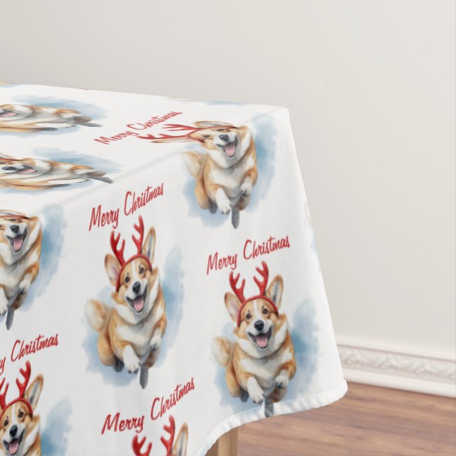 Personalise Christmas Corgi with Reindeer antlers  Tablecloth (In Situ)