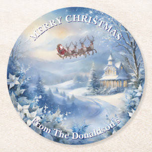 Personalise Christmas Eve Santa Family Name 6 Round Paper Coaster