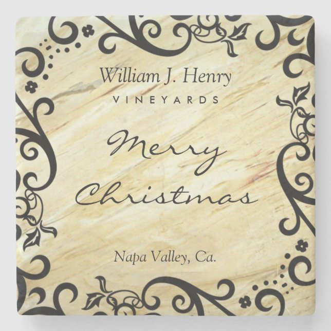 Personalise Christmas Marble Scroll Wine Stone Coaster (Front)