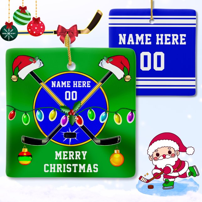 Personalise, Christmas Presents for Hockey Players Ceramic Ornament (Hockey Ornaments. Christmas gifts for hockey players. Personalized hockey christmas ornaments. Cheap)