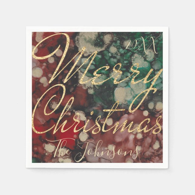 Personalise Christmas Red Green Gold Design Napkin (Front)