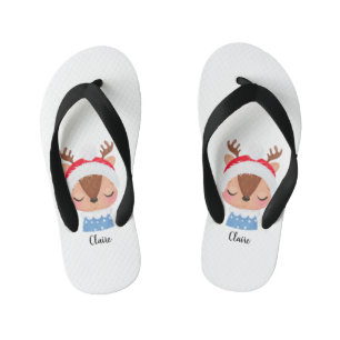 Personalise Christmas Sleeping Reindeer Face Kid's Thongs