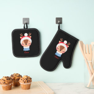 Personalise Christmas Sleeping Reindeer Face Oven Mitt & Pot Holder Set
