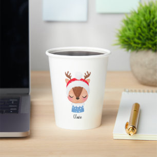 Personalise Christmas Sleeping Reindeer Face Paper Cups