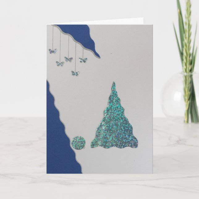 Personalise Christmas tree and shiny butterflys Holiday Card (Front)