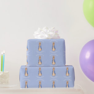 Personalise Classic bunny blue jacket Christening Wrapping Paper